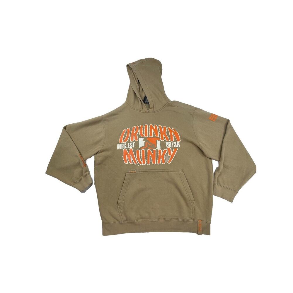 Men's Drunknmunky Orange Brown Logo Pullover Hoodie Size 2XL Vintage